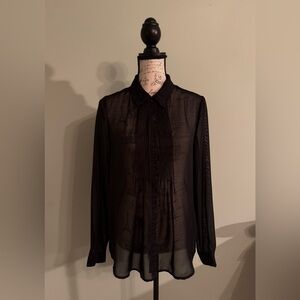 Iris Basic Sheer Black Button Down Pleated Blouse Long Sleeve Women’s Size L
